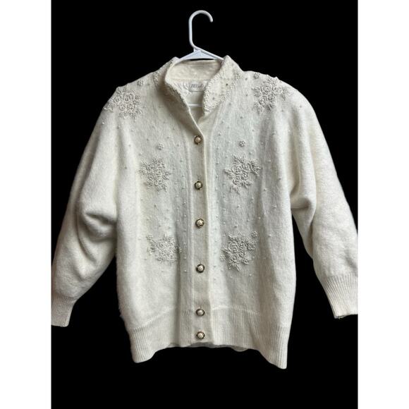 Beldini Vintage Angora Rabbit Hair Cardigan Beaded Lined Sweater Jacket Medium - Picture 1 of 12
